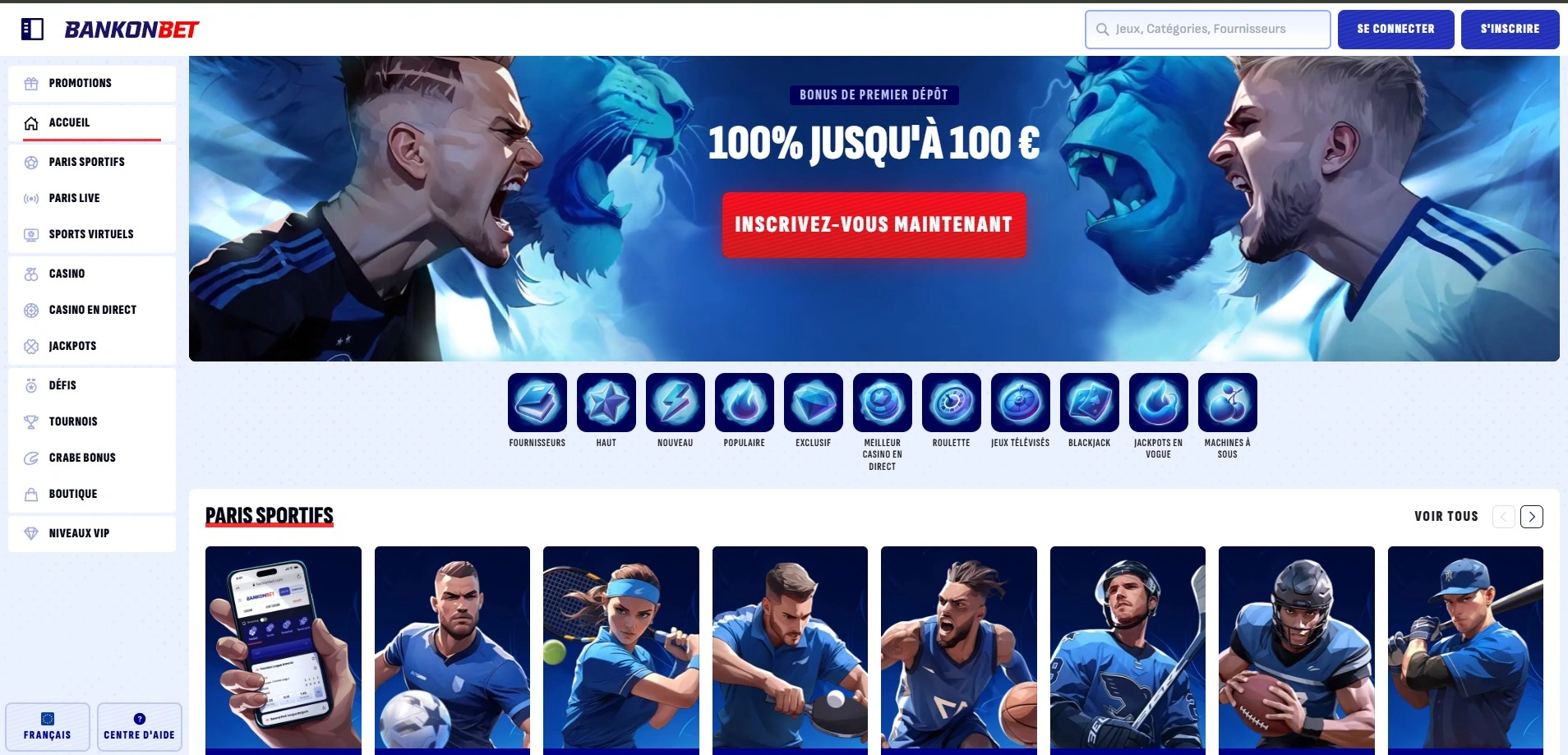 Aperçu complet de la page d'accueil Bankonbet